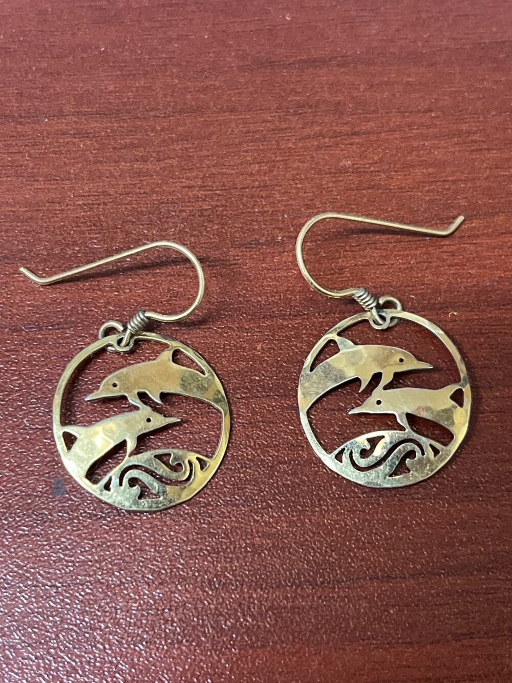 Vintage Wild Bryde Gold Tone Dolphins Dangle Earrings Pierced Hook